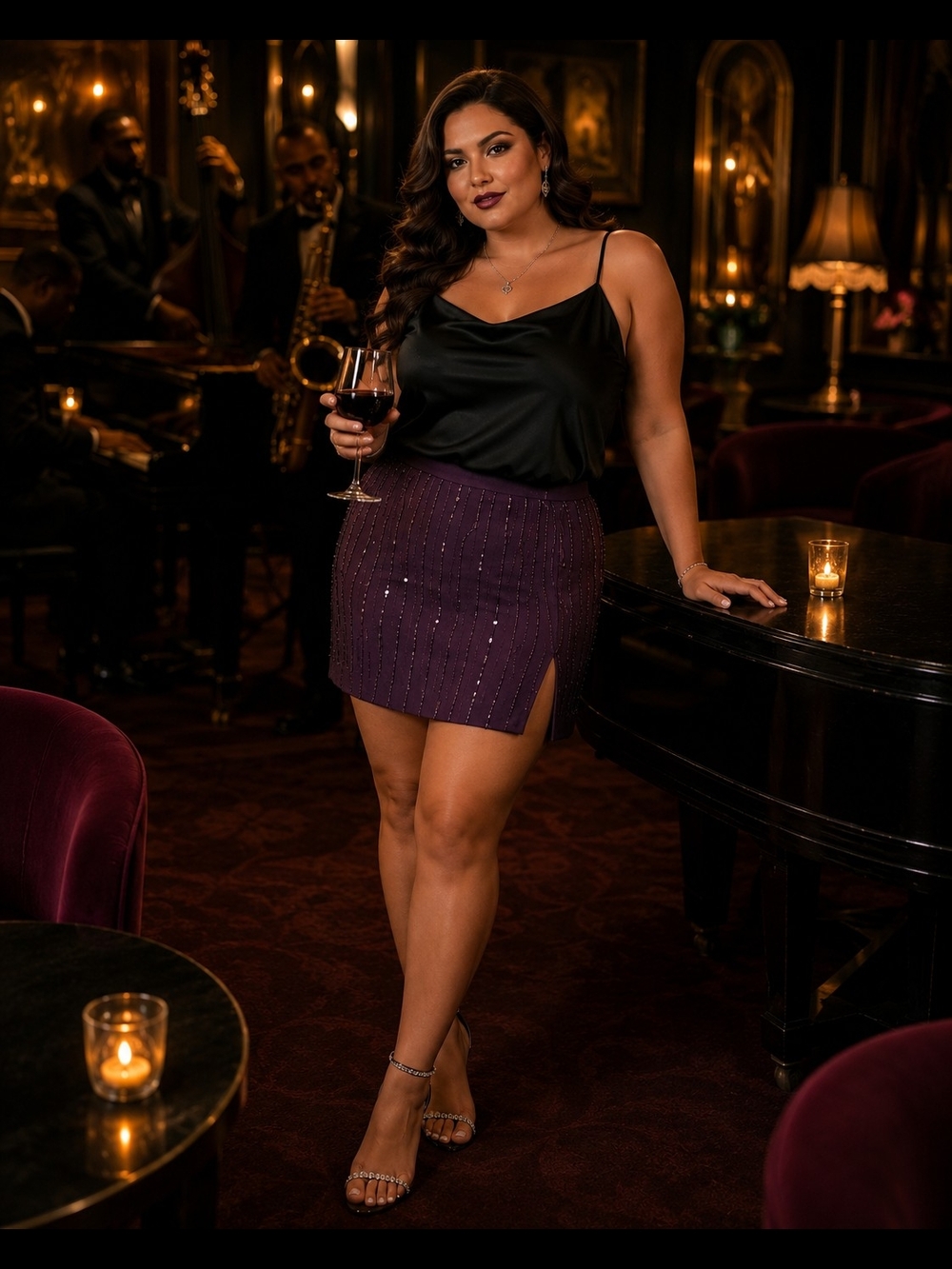 Maggie McNaughton 20W / 2X Purple 100% Silk Sequin Embellished Mini Skirt Slit